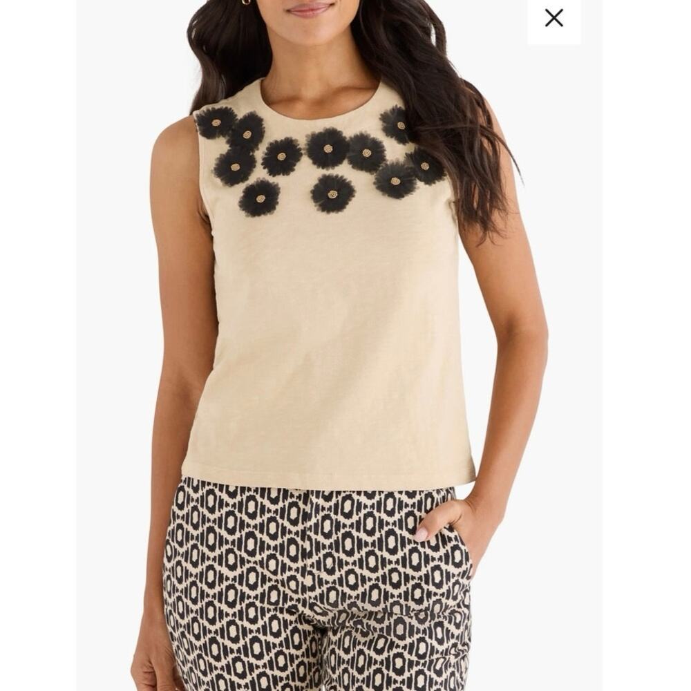 NWOT Nic + Zoe Organza Appliqué Sleeveless Top in Neutral SZ S